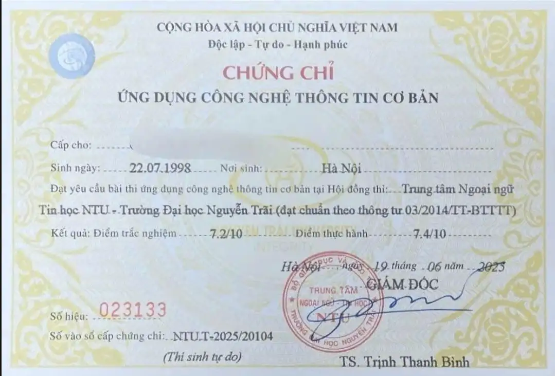 CHỨNG CHỈ ỨNG DỤNG CNTT CƠ BẢN