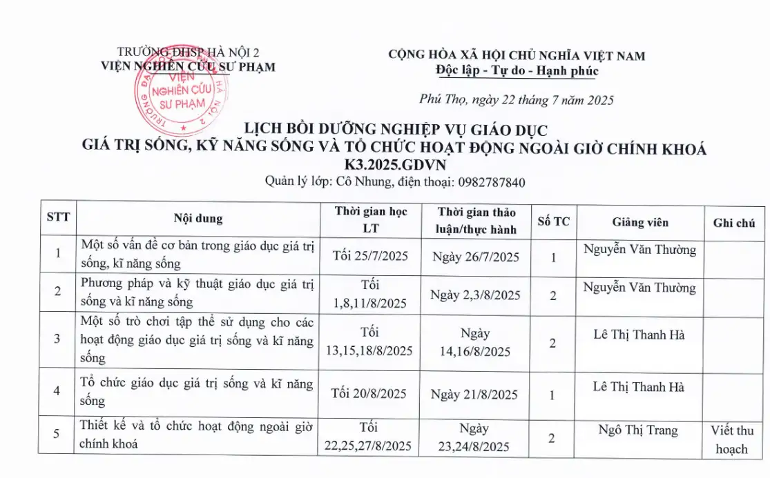 Lịch khai giảng khoá học kỹ năng sống